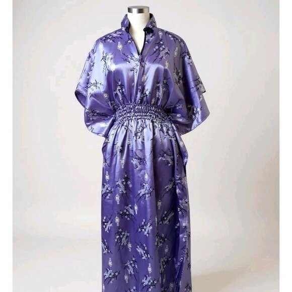Handmade Purple Satin Floral Maxi Dress — Kimono Sleeve, Smocked Waist - Picture 1 of 16